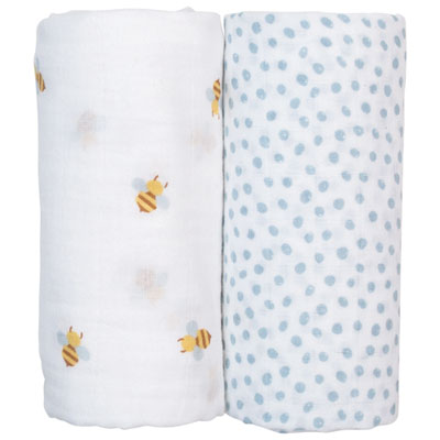 Lulujo Muslin Swaddles - 2 Pack - Bees/Blue Dots