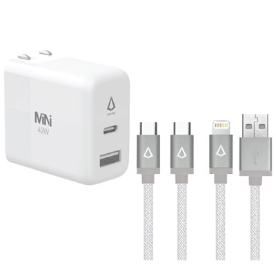 LBT 42W USB-C/USB-A Ports Wall Charger with 5 ft USB-C to C Cable & USB-A to Lightning Cable 