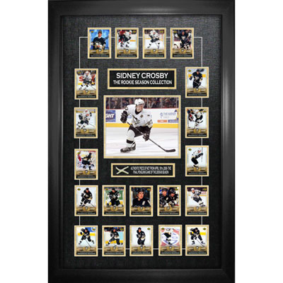 Image of Frameworth Pittsburgh Penguins: Sidney Crosby Framed Photo w/ Hockey Card Collage & Piece of Net from 2005-2006 Season