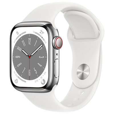 Apple Watch Series 8 (Gps + Cellulaire) Avec Boîtier De 41 Mm En Acier Inoxydable Argenté Et Bracelet Sport Blanc Par Koodo - Petit/moyen - Paiement Balance Mensuel