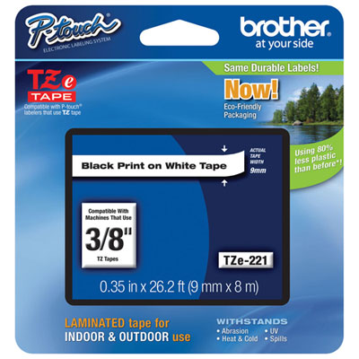 Brother 9mm Black on White Tape (TZE221G)