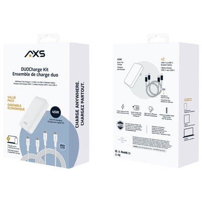 AXS DUOCharge 45W USB-C Wall Charger with 2 USB-C Cables - White