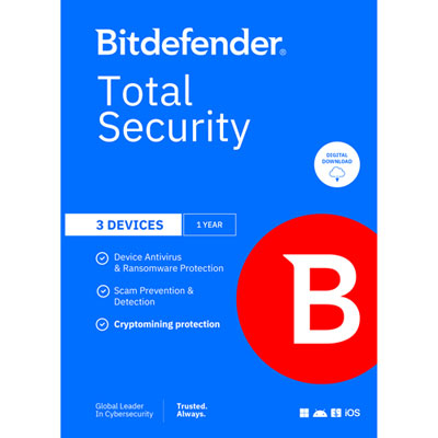 Bitdefender Total Security (PC/Mac/iOS/Android) - 3 Device - 1 User - 1 Year - Digital Download