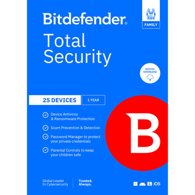 Bitdefender Total Security Family (PC/Mac/iOS/Android) - 25 Device - 5 User - 1 Year - Digital Download