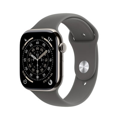 Freedom Mobile Apple Watch Series 11 (GPS + Cellular) 42mm Natural Titanium Case with Stone Grey Sport Band - Small/Medium - Monthly Tab Payment