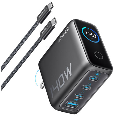 Chargeur Mural Usb-C Gan Pd À 4 Ports 140 W D'anker Avec Câble Usb-C - Gris Foncé Great product