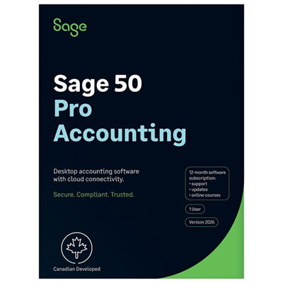 Sage 50 Pro Accounting 2026 (PC) - 1 User - 1 Year Subscription - Bilingual - Digital Download