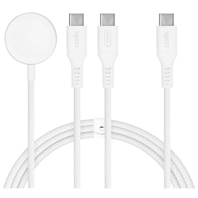 Câble 3-En-1 De 1,5 M (4,9 Pi) Piston Connect Split De Logiix Usb-C Vers Usb-C Double Et Connecteur Pour Apple Watch - Blanc