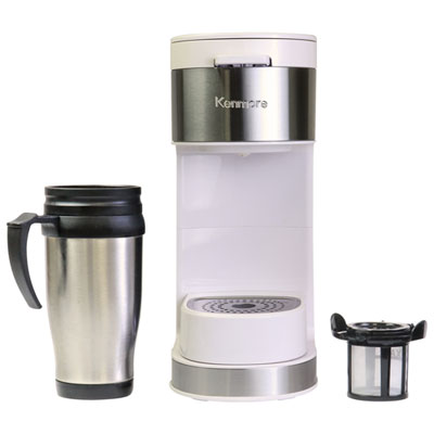 Kenmore Single-Serve Coffee Maker & Stainless Steel Travel Mug- White Great love it perfect for office or on the go like travel mug feature too