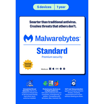 Malwarebytes Premium (PC/Mac) - 5 Devices - 1 Year - Digital Download