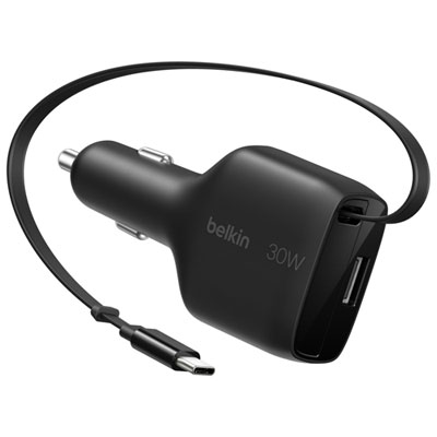 Belkin BoostCharge 30W Dual USB-C/USB-A Car Charger with Cable - Black