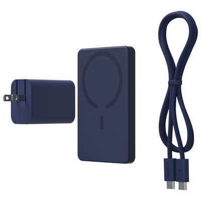 Banque D’alimentation Magnétique Sans Fil De 5 000 Mah À 15 W Et Chargeur Mural De 42 W De Mophie Avec Câble Usb-C De 1 M (3 Pi) - Bleu Foncé