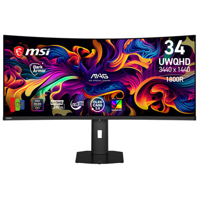 "MSI MAG 34"" Curved WQHD QD-OLED Gaming Monitor (MAG341CQPBQDOLEDX24) - 240Hz, 0.03ms GTG, G-Sync Compatible/FreeSync Premium Pro"