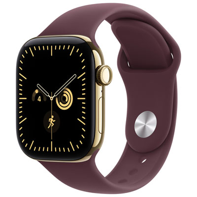 Apple Watch Series 12 (GPS + Cellular) 42mm Radiant Gold Titanium Case with Burgundy Sport Band - Small/Medium