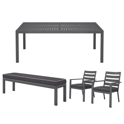 Image of Portofino 6-Seating Rectangular Outdoor Dining Table; Bench; 2 Dining Chairs - Grey
