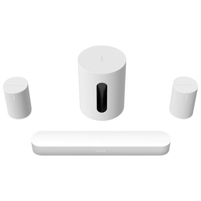 Sonos Beam (2nd Gen) Sound Bar, Sub Mini Wireless Subwoofer & 2 Era 100 Multi-Room Speakers - White