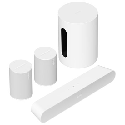 Sonos Sub Mini Wireless Subwoofer, Ray Sound Bar & 2 Era 100 Multi-Room Speakers - White