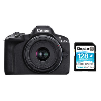 Canon EOS R50 Mirrorless Camera w/ RF-S 18-45mm IS STM Lens Kit & 128GB 170MB/s SDXC Memory Card