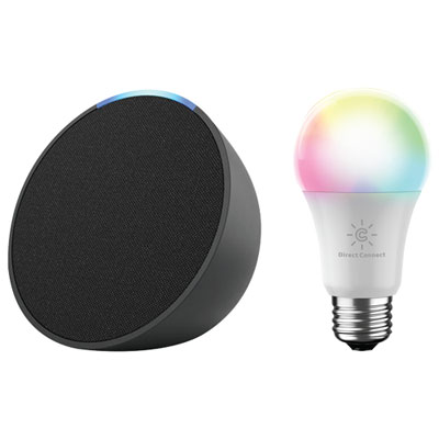 Image of Amazon Echo Pop Smart Speaker with Alexa & Cync A19 Smart LED Light Bulb - Charcoal