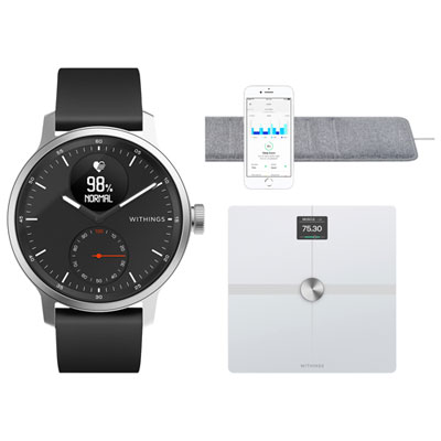Image of Withings Connected Health Bundle - ScanWatch 42mm Hybrid Smartwatch, Sleep Tracking Mat & Body Smart Scale - White