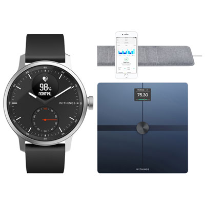 Image of Withings Connected Health Bundle - ScanWatch 42mm Hybrid Smartwatch, Sleep Tracking Mat & Body Smart Scale - Black