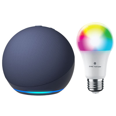 Haut-Parleur Intelligent Echo Dot (5E Génération) D'amazon Avec Ampoule Del Intelligente Cync A19 De Ge - Bleu Océan/multicolore