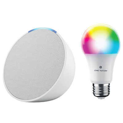 Haut-Parleur Intelligent Echo Pop D'amazon Et Ampoule Del Intelligente Cync A19 De Ge - Blanc Glacier/multicolore