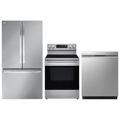 LG 36" 27 Cu. Ft. Smart Refrigerator; Electric Air Fry Range; Dishwasher - Stainless Steel