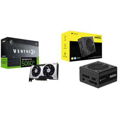 Carte Graphique Geforce Rtx 5060 Ti Ventus 2X Oc+ Gddr7 De 8 Go De Msi Et Bloc D'alimentation Modulaire Atx 850 W De Corsair