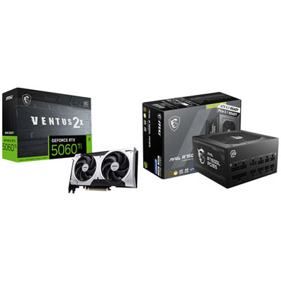 Carte Graphique Geforce Rtx 5060 Ti Ventus 2X Oc+ Gddr7 8 Go De Msi Et Bloc D'alimentation Entièrement Modulaire Mag A750Gl De 750 W