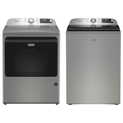 Maytag 6.0 Cu. Ft. High Efficiency Top Load Washer & Pet Pro 7.4 Cu. Ft. Gas Steam Dryer - Classic Silver