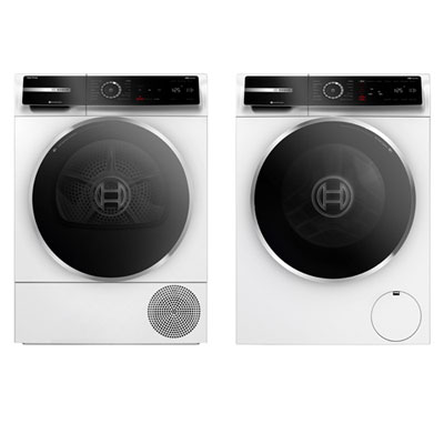 Laveuse À Chargement Frontal Compacte He 2,4 Pi³ Série 500 Et Sécheuse Électrique Avec Pompe À Chaleur 4 Pi³ De Bosch - Blanc