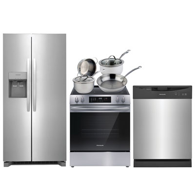 Réfrigérateur À Congélateur Juxtaposé 33 Po 22,3 Pi³ De Frigidaire; Cuisinière Électrique; Lave-Vaisselle; Batterie De Cuisine - Acier Inoxydable