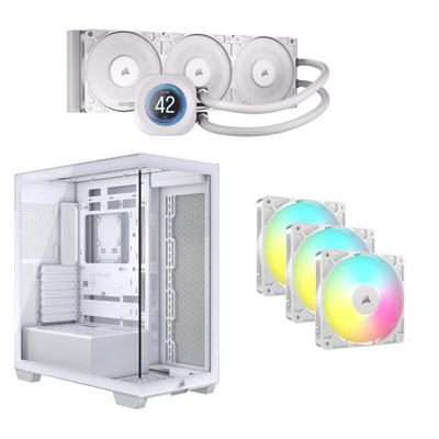 Corsair Nautilus 360 RS LCD Liquid CPU Cooling System w/ Mid-Tower ATX Computer Case & 120mm PWM Triple Case Fan Kit -White