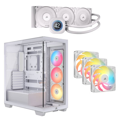 Corsair Nautilus 360 RS LCD Liquid CPU Cooling System w/ Mid-Tower ATX Computer Case & 120mm Triple PWM Reverse Case Fan Kit -White