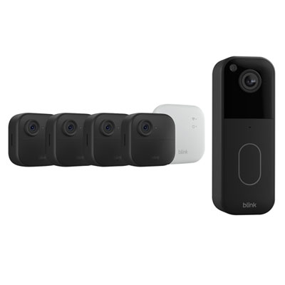 Blink Outdoor 4 Wire-Free 1080p Full HD IP Security Camera System (4 Pack) & 1440p Wi-Fi Video Doorbell - Black