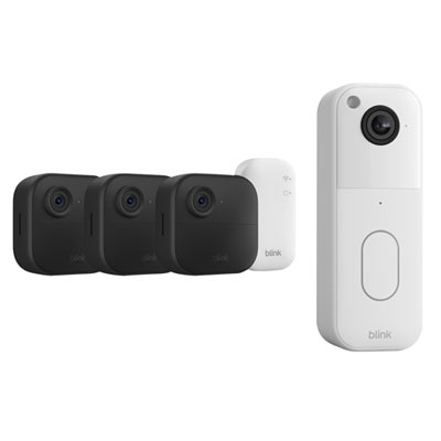 Système De Surveillance Avec Caméras Ip Sans Fil Hd Intégrale 1080P Outdoor 4 (3 Unités) Et Sonnette Vidéo Wi-Fi 1440P De Blink - Blanc