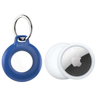 Apple AirTag (2nd generation) Bluetooth Item Tracker & Belkin Waterproof Secure Holder with Key Ring - White/Blue
