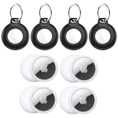 Dispositif De Repérage D'article Bluetooth Airtag (2E Génération) D'apple Et Anneau De Protection Étanche Avec Attache En Métal De Belkin - Paquet De 4 - Blanc/noir