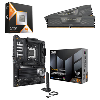 AMD Ryzen 9 9950X3D AM5 Processor, Vengeance 32GB DDR5 Desktop Memory & TUF GAMING X870-PLUS WiFi7 ATX AM5 Motherboard
