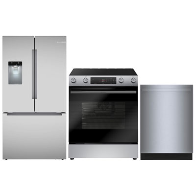 Réfrigérateur À Deux Portes De 26 Pi³ Et De 36 Po Avec Distributeur D'eau Et De Glaçons; Cuisinière Électrique Avec Friture À Air Chaud; Lave-Vaisselle De Bosch - Acier Inoxydable