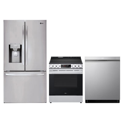 LG 36" 27.7 Cu. Ft. French Door Refrigerator; Electric Air Fry Range; Dishwasher - Stainless Steel