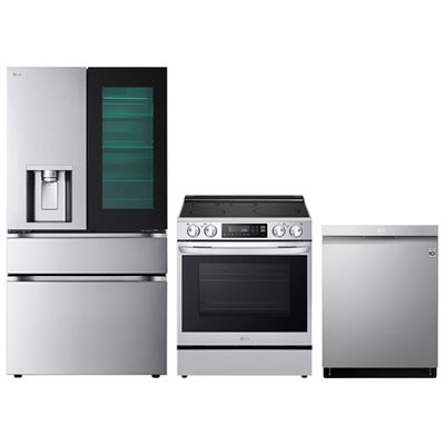 LG 36" 28.6 Cu. Ft. InstaView French Door Refrigerator; Induction Air Fry Range; Dishwasher - Stainless Steel