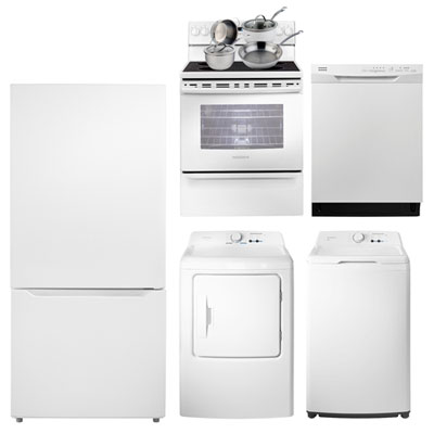 Insignia 30" 18.6 Cu Ft Bottom Freezer Refrigerator; Electric Range; Dishwasher; Dryer; Washer; Cookware Set -White/Stainless
