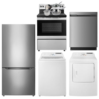Insignia 30" 18.6 Cu Ft Bottom Freezer Refrigerator; Electric Range; Washer; Dryer; Dishwasher; Cookware Set -Stainless/White