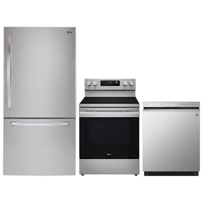 LG 30" 22.1 Cu. Ft. Bottom Freezer Refrigerator; Electric Range; Dishwasher - Stainless Steel