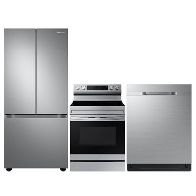 Samsung 30" 22.1 Cu. Ft. French Door Refrigerator; Electric Air Fry Range; Dishwasher - Stainless Steel