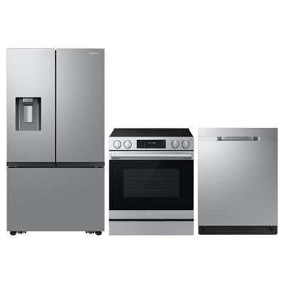 Samsung 36" 25.5 Cu. Ft. French Door Refrigerator; Electric Range; Dishwasher - Stainless Steel