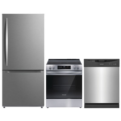 "Frigidaire 30"" 18.7 Cu. Ft. Bottom Freezer Refrigerator; Electric Range; Dishwasher - Stainless Steel"
