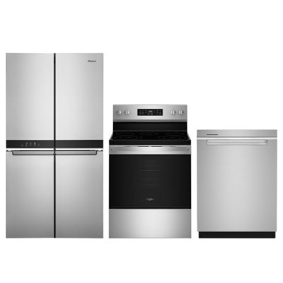 Whirlpool 36" 19.4 Cu. Ft. French Door Counter Depth Refrigerator; Electric Range; Dishwasher - Stainless Steel